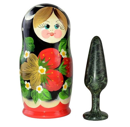 Чёрно-зелёная анальная втулка из змеевика в футляре-матрёшке Sitabella 8022 (9,7 см)