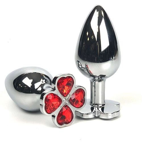 Серебристая анальная втулка с клевером из красных кристаллов Vandersex 160-SR (6,5 см)