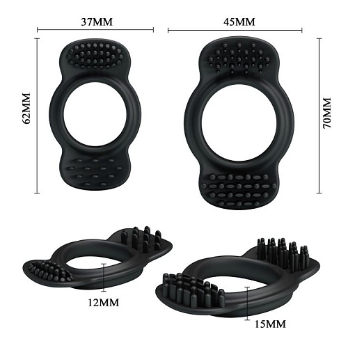 Набор из 2 эрекционных чёрных колец с щеточками для наружной стимуляции Baile BI-210171