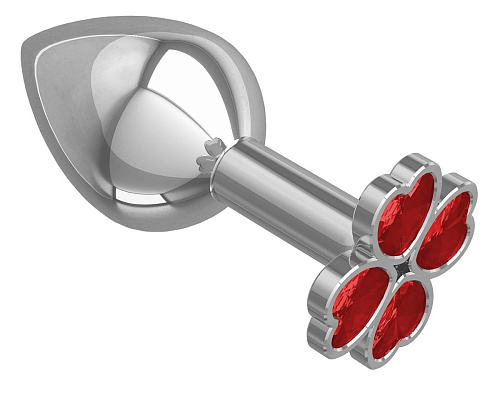 Средняя серебристая анальная втулка с клевером из красных кристаллов Сумерки богов 529-04 red-DD (8,5 см)