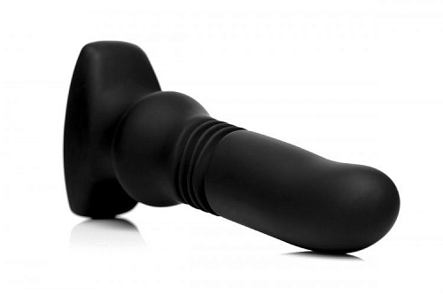Чёрный фрикционный вибратор XR Brands Silicone Vibrating Thrusting Plug with Remote Control AF948 (17,1 см)