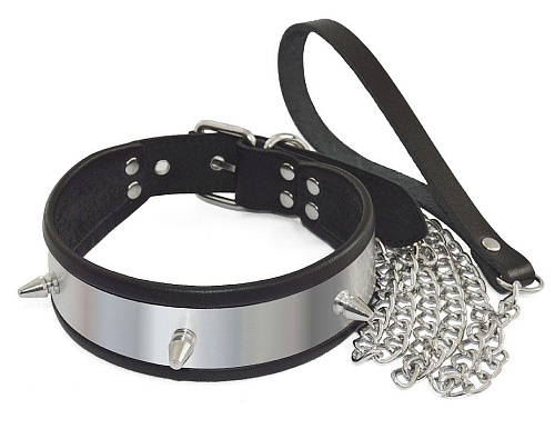 Серебристо-чёрный ошейник с шипами и поводком Sitabella 3176