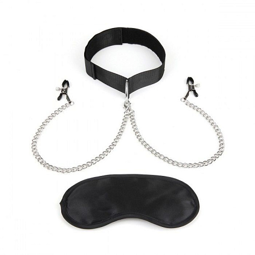 Чёрный регулируемый ошейник с зажимами для сосков Lux Fetish LF1806