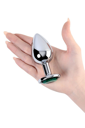 Серебристая коническая анальная втулка с зелёным кристаллом ToyFa 717003-7 (9,5 см)