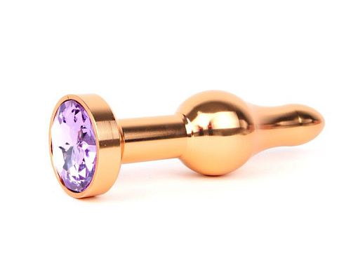 Удлиненная шарикообразная золотистая анальная втулка с сиреневым кристаллом Anal Jewelry Plug ZGLD-15 (10,3 см)