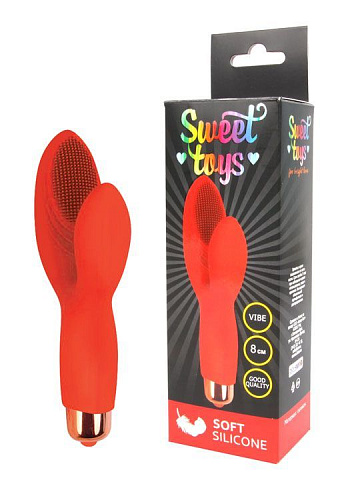 Красный силиконовый вибромассажёр с округлым клиторальным отростком Bior toys ST-40145-3