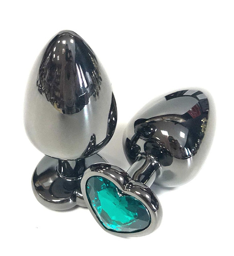 Чёрная металлическая анальная пробка с зелёным стразом-сердечком Vandersex 400-HVGl (зеленый)