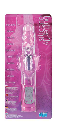 Розовый ротатор со стимулятором клитора-бабочкой Seven Creations BUTTERFLY 06-182-C8 BCD GP (21,5 см)