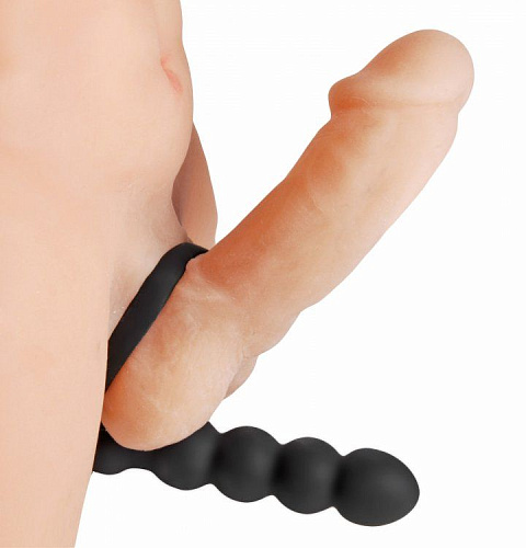 Насадка для двойного проникновения в чёрном цвете XR Brands Double Fun Cock Ring with Double Penetration VibeAE388