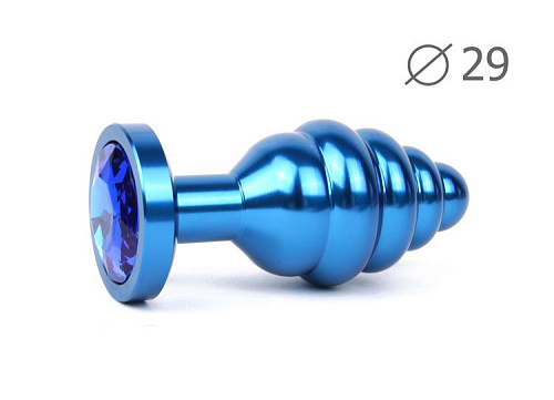 Коническая ребристая синяя анальная втулка с синим кристаллом Anal Jewelry Plug ABL-13-S (7,1 см)