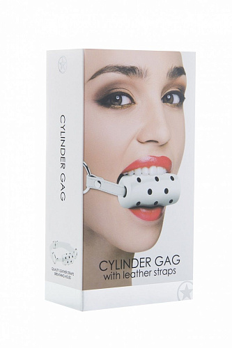 Белый резиновый кляп-цилиндр на кожаных ремешках Shots Media BV Cylinder OU122WHT