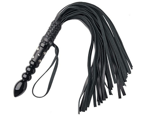 Чёрный кожаный флоггер с лакированной ручкой ToyFa 700034 (61 см)