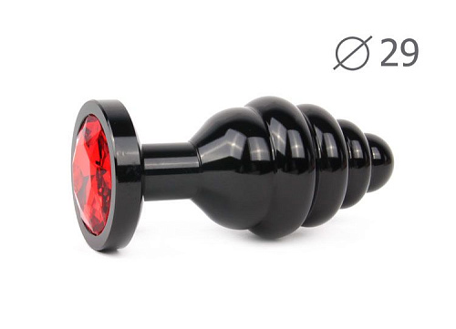 Коническая ребристая чёрная анальная втулка с красным кристаллом Anal Jewelry Plug ABCK-16-S (7,1 см)