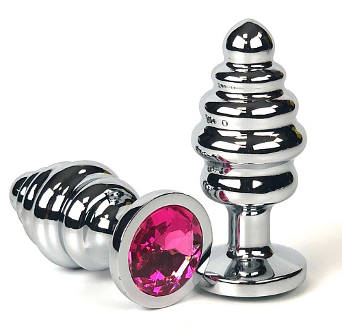 Серебристая ребристая анальная пробка с розовым кристаллом Vandersex 185-RPM (7 см)