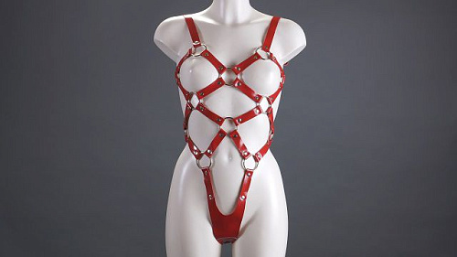 Красное лакированное боди-сбруя Подиум Р7251