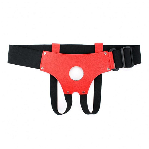 Красно-чёрные кожаные трусики для страпона БДСМ арсенал 52014ars