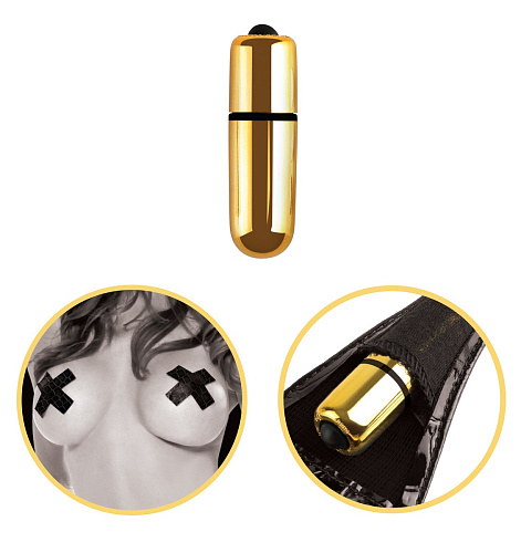 Золотистые с чёрным трусики-стринг с вибрацией Pipedream Vibrating Micro G-String Set PD3967-23 (размер S-M-L)