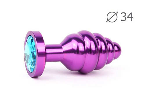 Коническая ребристая фиолетовая анальная втулка с голубым кристаллом Anal Jewelry Plug AV-05-M (8 см)