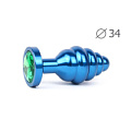 Коническая ребристая синяя анальная втулка с зелёным кристаллом Anal Jewelry Plug ABL-07-M (8 см)
