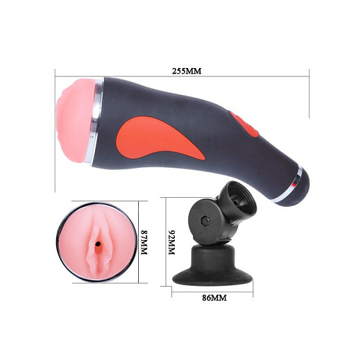 Чёрно-красная мастурбатор-вагина с вибрацией в тубе на присоске Baile BM-00900T37