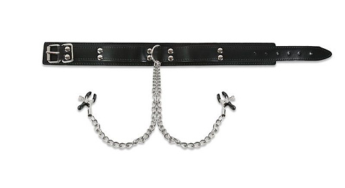 Чёрный ошейник с зажимами на соски на серебристой цепочке Пикантные штучки DP325