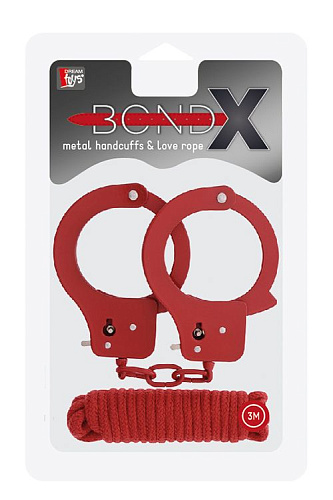 Красные наручники из листового металла в комплекте с верёвкой Dream Toys BONDX METAL CUFFS LOVE ROPE SET 20868