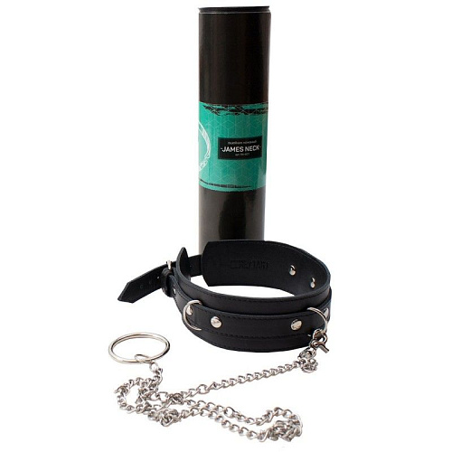 Чёрный кожаный ошейник с поводком RestArt James Neck RA-601