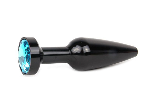 Удлиненная коническая гладкая чёрная анальная втулка с голубым кристаллом Anal Jewelry Plug XBCK-05 (11,3 см)