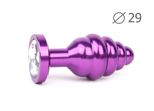 Коническая ребристая фиолетовая анальная втулка с прозрачным кристаллом Anal Jewelry Plug AV-01-S (7,1 см)