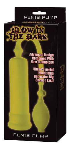 Светящаяся в темноте помпа жёлтого цвета Seven Creations GLOW IN THE DARK PENIS PUMP 310GWSC