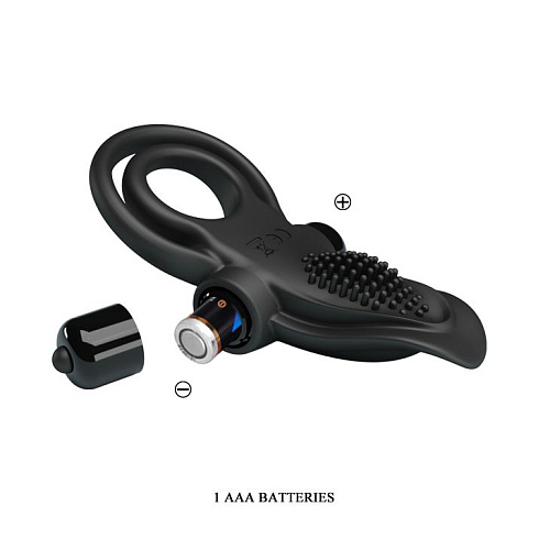 Чёрное силиконовое эрекционное кольцо с вибрацией и подхватом мошонки Baile BI-210203