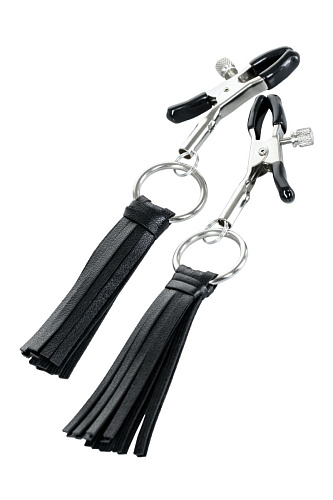 Чёрно-серебристые зажимы для сосков с кисточками ToyFa Theatre 705011