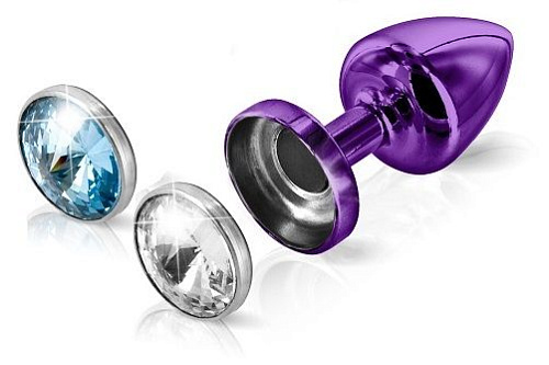 Фиолетовый анальный плаг с 2 заменяемыми кристаллами DIOGOL Anni Magnet T1 Purple Cristal/blue 9020060056 (6 см)