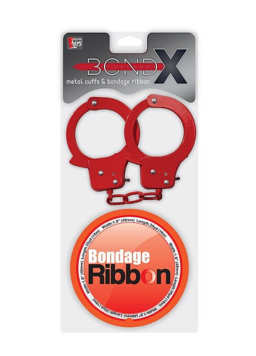 Набор для фиксации BONDX METAL CUFFS AND RIBBON: красные наручники из листового материала и липкая лента Dream Toys 20999