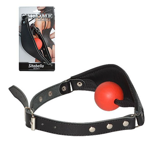 Чёрный кожаный кляп с красным шариком Sitabella Sitabella Chrome Collection 3097-1CH