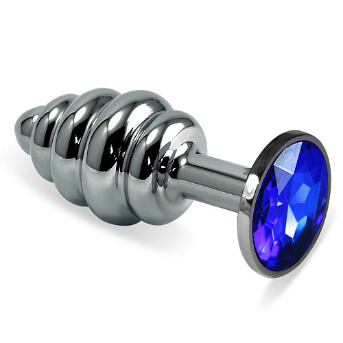 Ребристая анальная пробка с синим кристаллом Lovetoy Silver Small  RO-SSR07 (7,6 см)