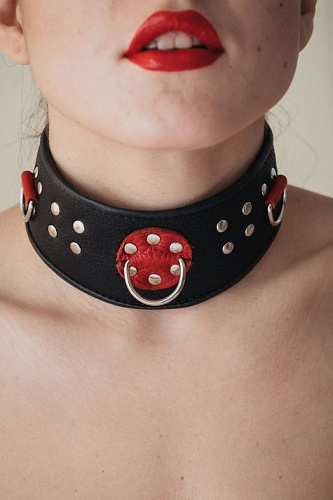 Чёрно-красный кожаный ошейник с клепками и кольцами БДСМ арсенал 55006