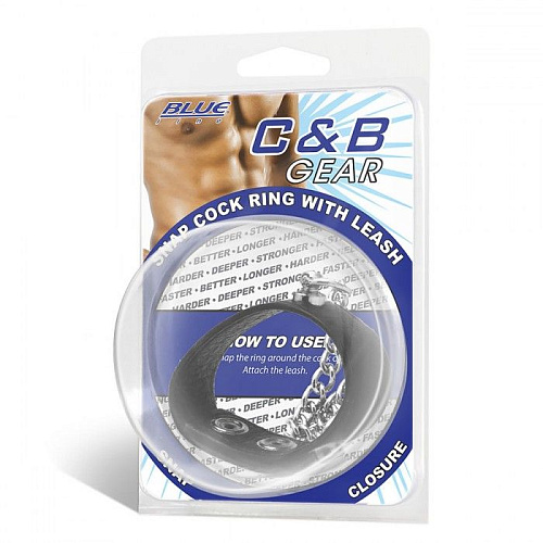 Чёрная утяжка на пенис с поводком BlueLine Snap Cock Ring With 12 Leash BLM3041