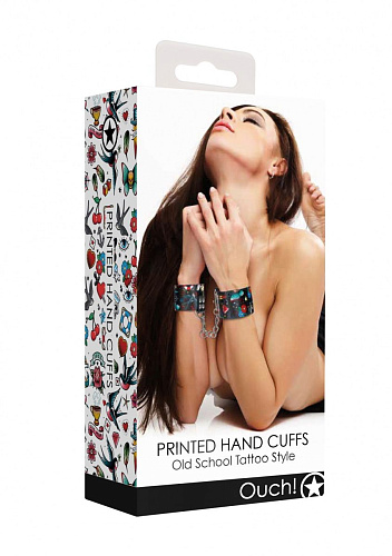 Чёрные наручи на цепочке Shots Media BV Printed Hand Cuffs Old School Tattoo Style OU446BLK