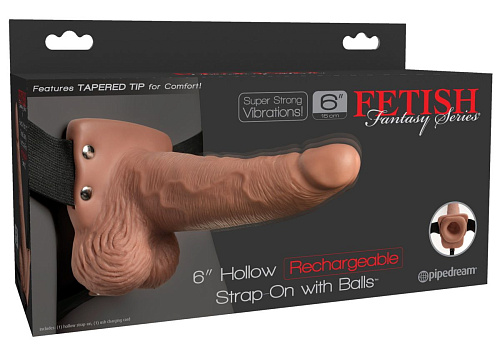 Кофейный перезаряжаемый вибрострапон Pipedream 6 Hollow Rechargeable Strap-On Remote PD3395-22 (17,5 см)