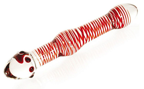 Двусторонний стеклянный фаллоимитатор с красными спиралями Sexus Glass 912136