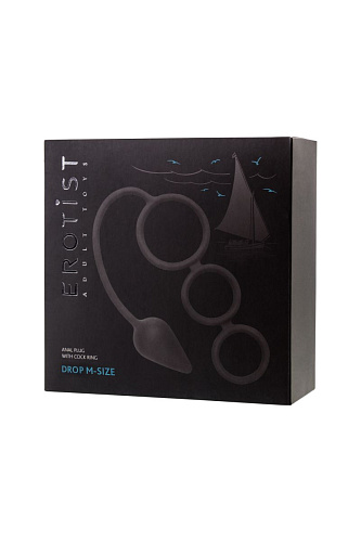 Тройное чёрное, эрекционное кольцо с анальным хвостом Erotist Drop 541308