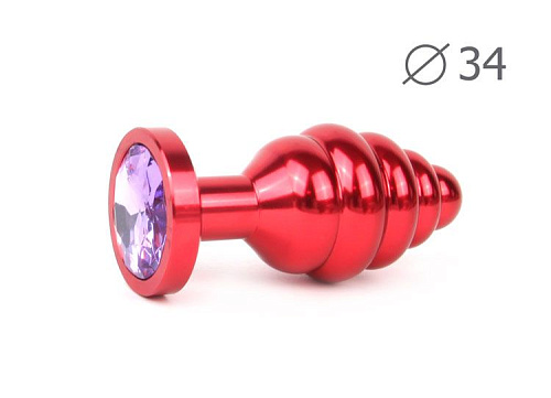 Коническая ребристая красная анальная втулка с сиреневым кристаллом Anal Jewelry Plug AR-15-M (8 см)