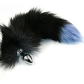 Серебристая анальная пробка с чёрно-голубым хвостом из натурального меха Kanikule KL-AL001SR4