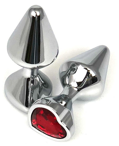 Серебристая анальная пробка с красным кристаллом-сердцем Vandersex 400-UHR (8 см)