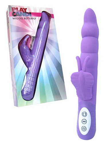 Фиолетовый вибромассажёр с клиторальным стимулятором в виде бабочки Seven Creations PLAY CANDI WIGGLE BUTTERFLY 50764 (17 см)