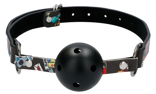 Чёрный кляп-шарик Shots Media BV Breatheable Ball Gag Old School Tattoo Style OU445BLK