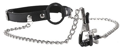 Чёрный расширитель рта с зажимами для сосков Пикантные штучки DP326