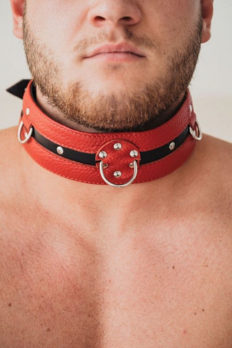 Чёрно-красный кожаный ошейник увеличенного размера БДСМ арсенал 55002xl