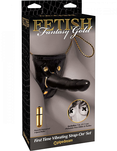Женский чёрно-золотой страпон с вибропулей для клиторальной стимуляции Pipedream First Time Vibrating Strap-On Set PD3966-23 (16,5 см)
